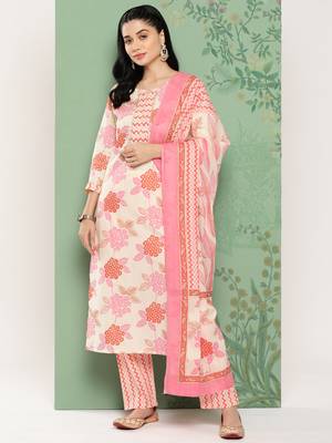  white floral printed regular pure cotton kurta with trousers & dupatta set 2