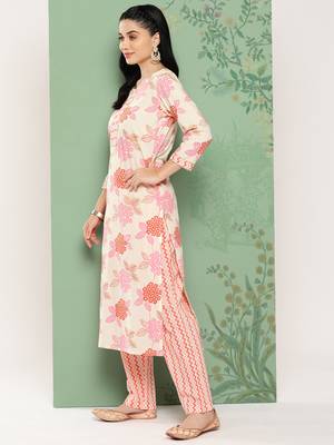  white floral printed regular pure cotton kurta with trousers & dupatta set 3