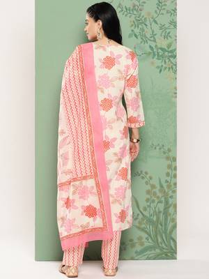  white floral printed regular pure cotton kurta with trousers & dupatta set 4
