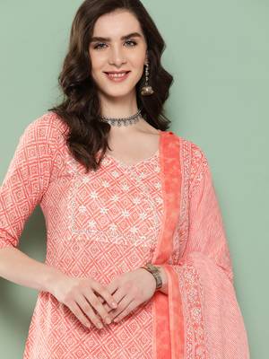  peach ethnic motifs straight kurta trouser and dupatta set 4