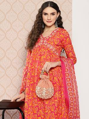  floral printed regular sequinned pure cotton kurta with trousers & dupatta set 1