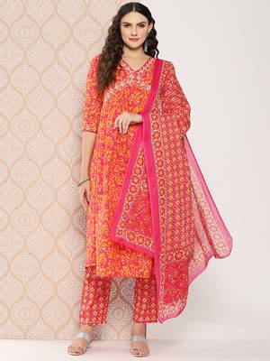 floral printed regular sequinned pure cotton kurta with trousers & dupatta set 2