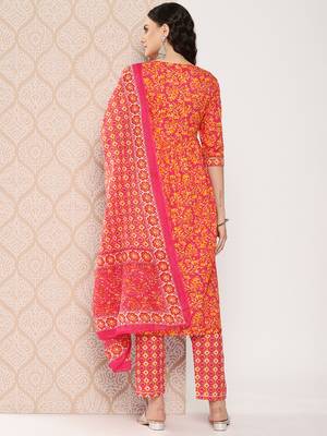  floral printed regular sequinned pure cotton kurta with trousers & dupatta set 4