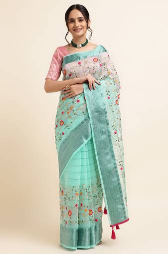 Blue Embellished::Embroidered Organza Bollywood Saree With Blouse