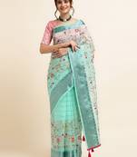 Blue Embellished::Embroidered Organza Bollywood Saree With Blouse