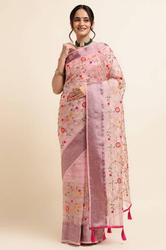 Pink Embellished::Embroidered Organza Bollywood Saree With Blouse