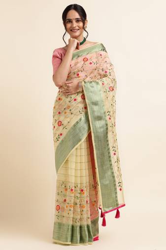 Biege Embellished::Embroidered Organza Bollywood Saree With Blouse