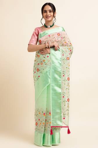 Green Embellished::Embroidered Organza Bollywood Saree With Blouse