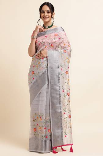Grey Embellished::Embroidered Organza Bollywood Saree With Blouse