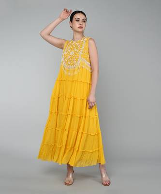 Mustard embroidered tier dress 1