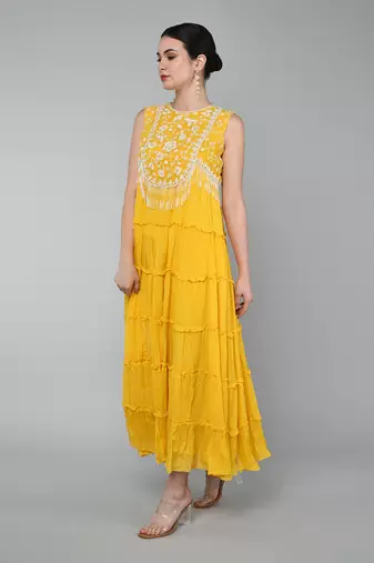 Mustard embroidered tier dress