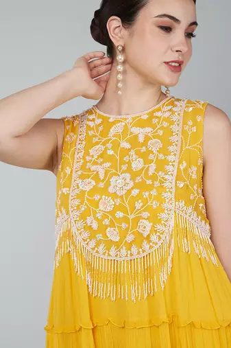 Mustard embroidered tier dress