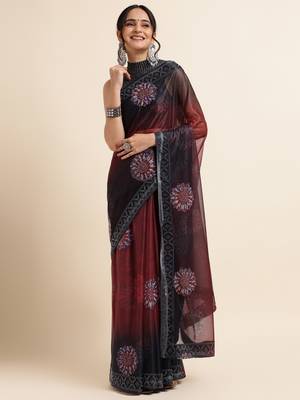 Maroon Digital Print::Embellished::Embroidered Lycra Blend Bollywood Saree With Blouse 1