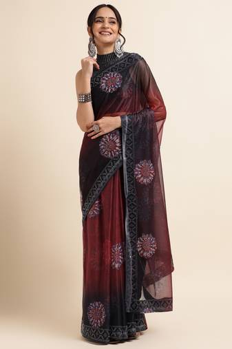 Maroon Digital Print::Embellished::Embroidered Lycra Blend Bollywood Saree With Blouse