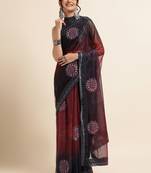 Maroon Digital Print::Embellished::Embroidered Lycra Blend Bollywood Saree With Blouse