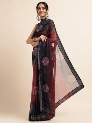 Maroon Digital Print::Embellished::Embroidered Lycra Blend Bollywood Saree With Blouse 2