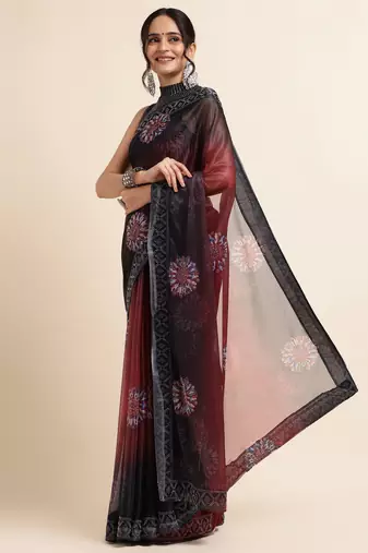 Maroon Digital Print::Embellished::Embroidered Lycra Blend Bollywood Saree With Blouse