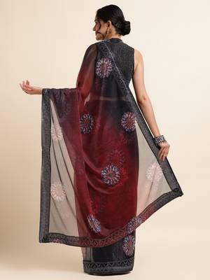 Maroon Digital Print::Embellished::Embroidered Lycra Blend Bollywood Saree With Blouse 3