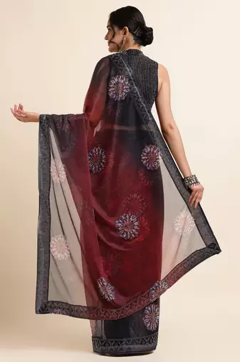 Maroon Digital Print::Embellished::Embroidered Lycra Blend Bollywood Saree With Blouse