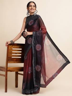 Maroon Digital Print::Embellished::Embroidered Lycra Blend Bollywood Saree With Blouse 4