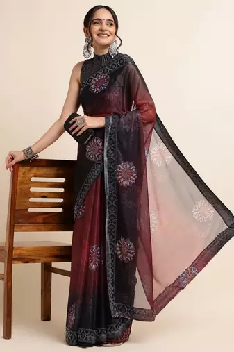 Maroon Digital Print::Embellished::Embroidered Lycra Blend Bollywood Saree With Blouse