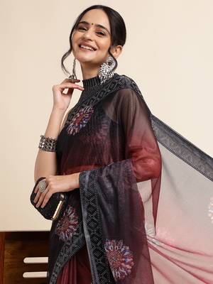 Maroon Digital Print::Embellished::Embroidered Lycra Blend Bollywood Saree With Blouse 5