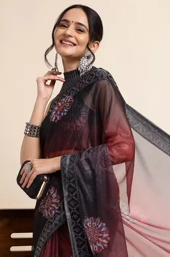 Maroon Digital Print::Embellished::Embroidered Lycra Blend Bollywood Saree With Blouse