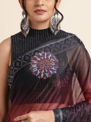 Maroon Digital Print::Embellished::Embroidered Lycra Blend Bollywood Saree With Blouse 6