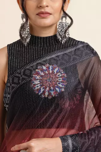 Maroon Digital Print::Embellished::Embroidered Lycra Blend Bollywood Saree With Blouse