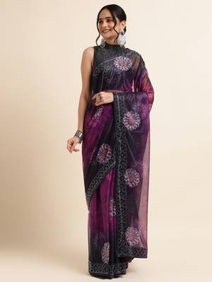 Wine Digital Print::Embellished::Embroidered Lycra Blend Bollywood Saree With Blouse 1