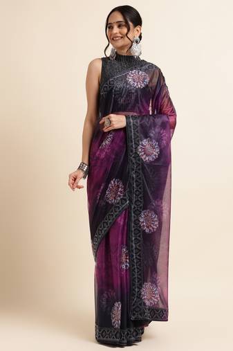 Wine Digital Print::Embellished::Embroidered Lycra Blend Bollywood Saree With Blouse