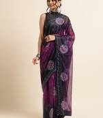 Wine Digital Print::Embellished::Embroidered Lycra Blend Bollywood Saree With Blouse