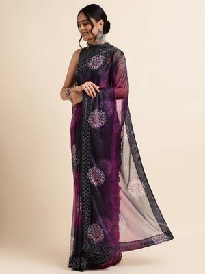 Wine Digital Print::Embellished::Embroidered Lycra Blend Bollywood Saree With Blouse 2