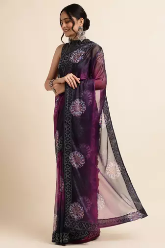 Wine Digital Print::Embellished::Embroidered Lycra Blend Bollywood Saree With Blouse
