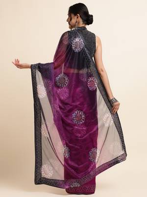 Wine Digital Print::Embellished::Embroidered Lycra Blend Bollywood Saree With Blouse 3
