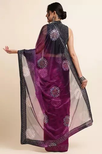 Wine Digital Print::Embellished::Embroidered Lycra Blend Bollywood Saree With Blouse