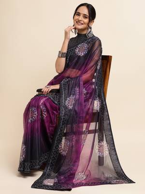 Wine Digital Print::Embellished::Embroidered Lycra Blend Bollywood Saree With Blouse 4