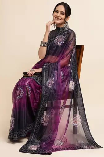 Wine Digital Print::Embellished::Embroidered Lycra Blend Bollywood Saree With Blouse