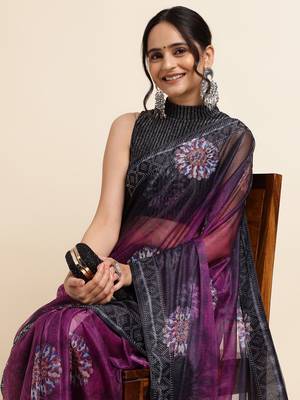Wine Digital Print::Embellished::Embroidered Lycra Blend Bollywood Saree With Blouse 5