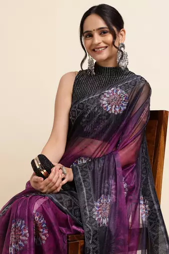 Wine Digital Print::Embellished::Embroidered Lycra Blend Bollywood Saree With Blouse