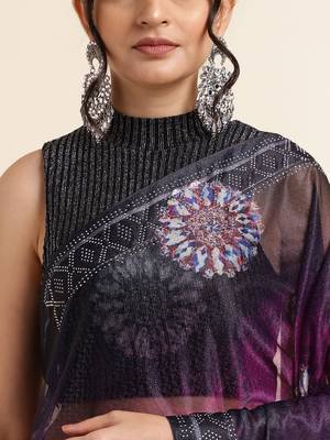 Wine Digital Print::Embellished::Embroidered Lycra Blend Bollywood Saree With Blouse 6