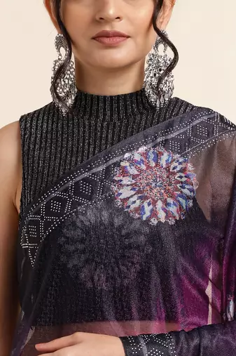 Wine Digital Print::Embellished::Embroidered Lycra Blend Bollywood Saree With Blouse
