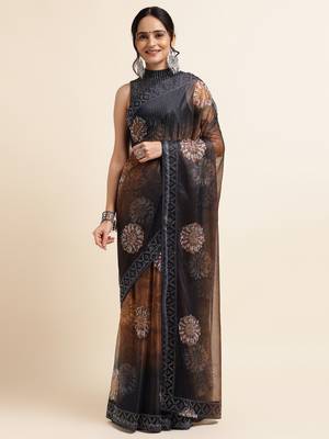 Ornage Digital Print::Embellished::Embroidered Lycra Blend Bollywood Saree With Blouse 1