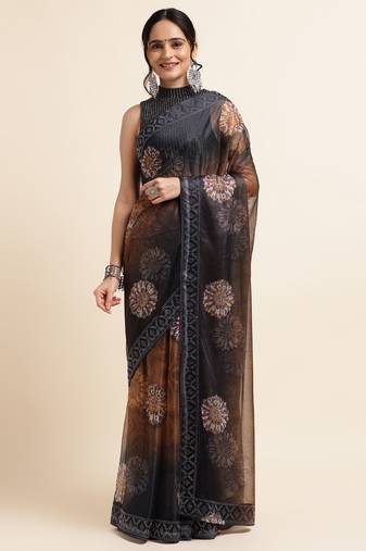 Ornage Digital Print::Embellished::Embroidered Lycra Blend Bollywood Saree With Blouse