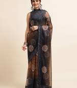 Ornage Digital Print::Embellished::Embroidered Lycra Blend Bollywood Saree With Blouse