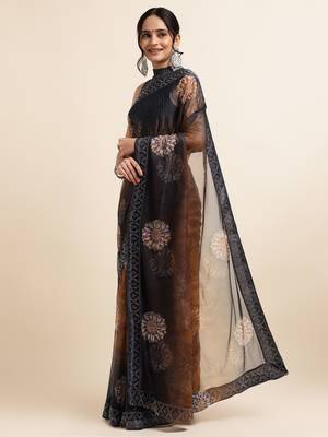 Ornage Digital Print::Embellished::Embroidered Lycra Blend Bollywood Saree With Blouse 2
