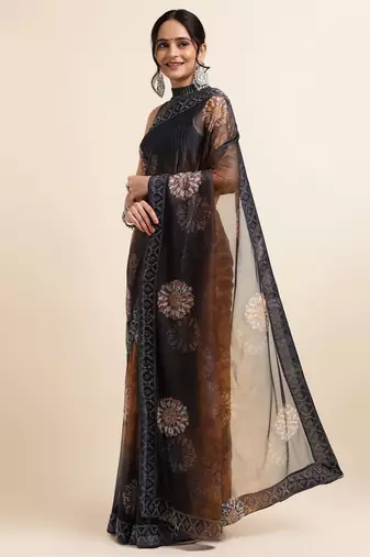Ornage Digital Print::Embellished::Embroidered Lycra Blend Bollywood Saree With Blouse