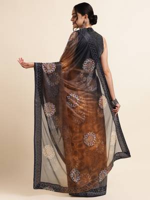 Ornage Digital Print::Embellished::Embroidered Lycra Blend Bollywood Saree With Blouse 3