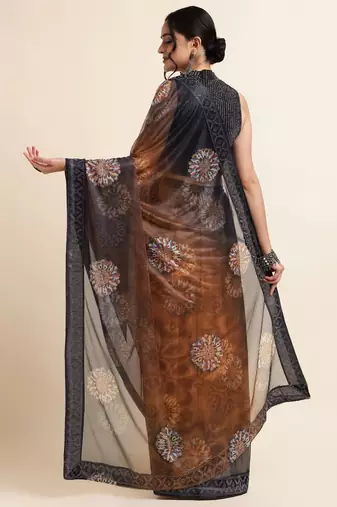 Ornage Digital Print::Embellished::Embroidered Lycra Blend Bollywood Saree With Blouse