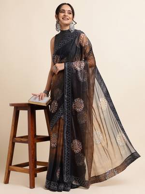 Ornage Digital Print::Embellished::Embroidered Lycra Blend Bollywood Saree With Blouse 4